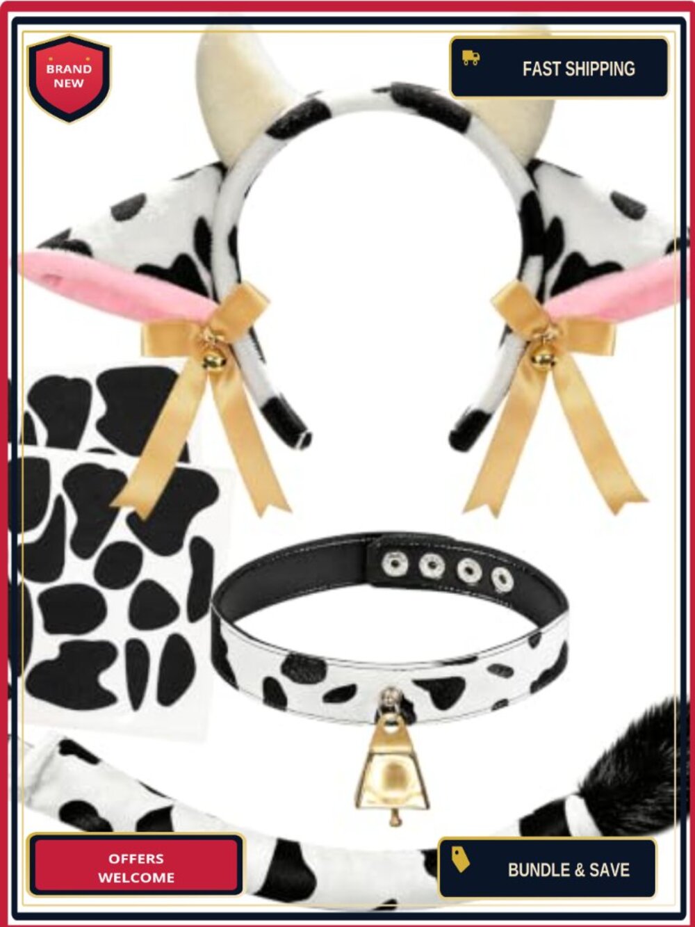 Cow Costume Set with Ears Headband Cowbell Collar Choker Tail and Felt Pads
